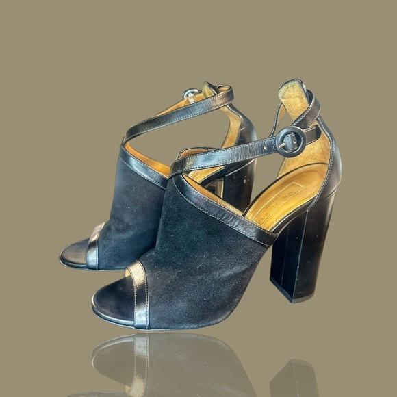 Aquazzura Black Leather ‘Issa’ Chunky Heel Peep-Toe Sandals Size 8.5 - Picture 2 of 14